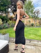 Asos Design Square Neck Ruched Double Strap Back Midi Dress In Black