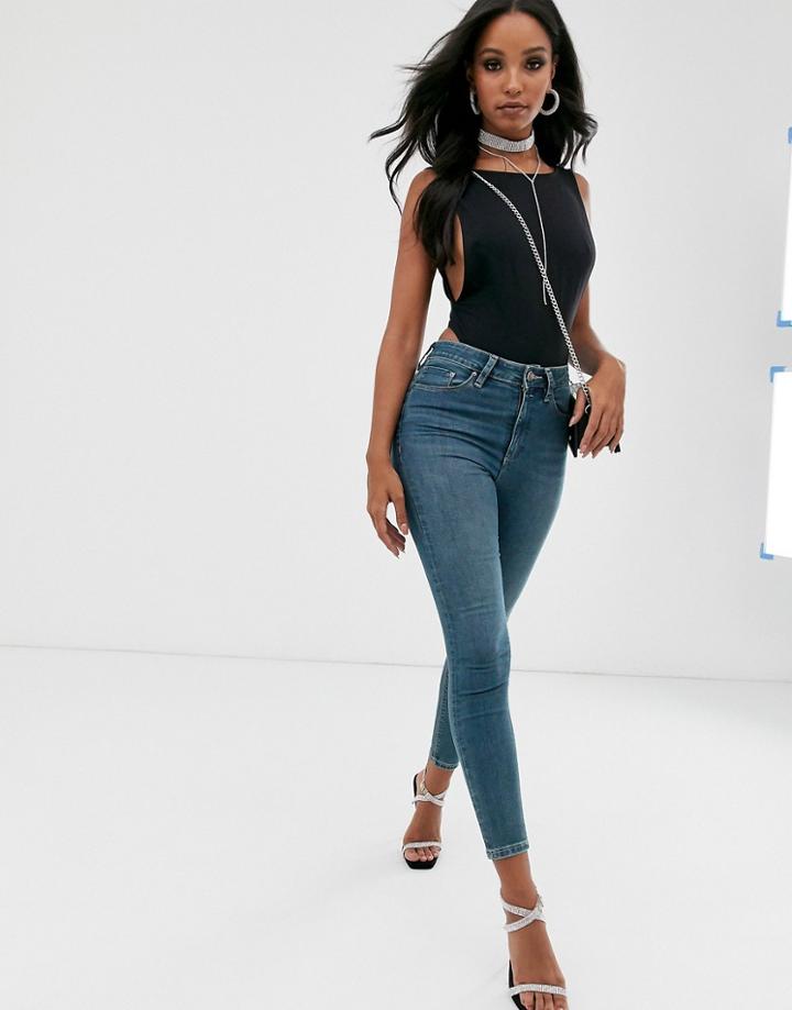 Asos Design Ridley High Waisted Skinny Jeans In Dark Vintage Wash-blue