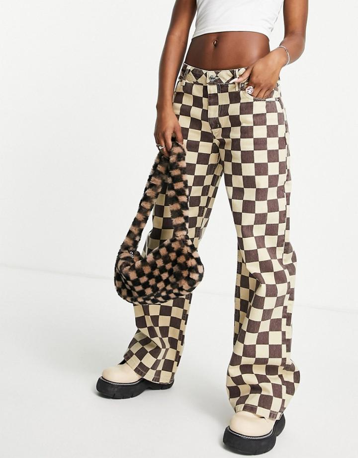Asos Design Low Rise 'relaxed' Dad Jeans In Brown Check Print-multi