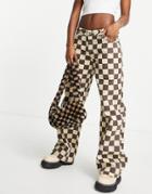 Asos Design Low Rise 'relaxed' Dad Jeans In Brown Check Print-multi