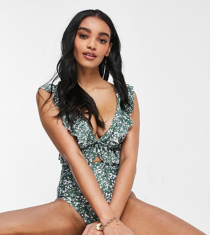 Peek & Beau Fuller Bust Exclusive Cut Out Swimsuit With Ruffle In Green Floral