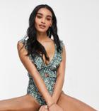 Peek & Beau Fuller Bust Exclusive Cut Out Swimsuit With Ruffle In Green Floral