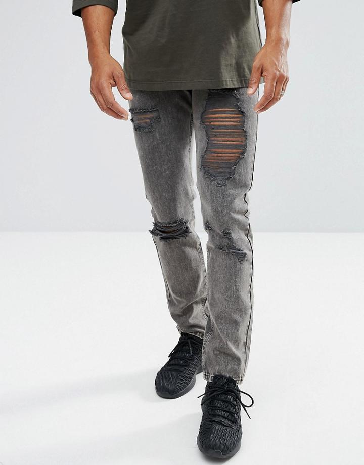 Mennace Slim Jeans In Washed Black With Distressing - Black