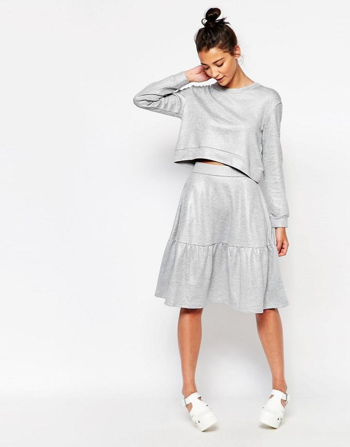 The Whitepepper Metallic Frill Hem Midi Skirt - Silver