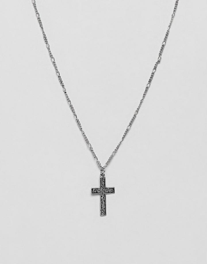 Asos Design Necklace With Embossed Cross In Burnished Silver Tone - Silver