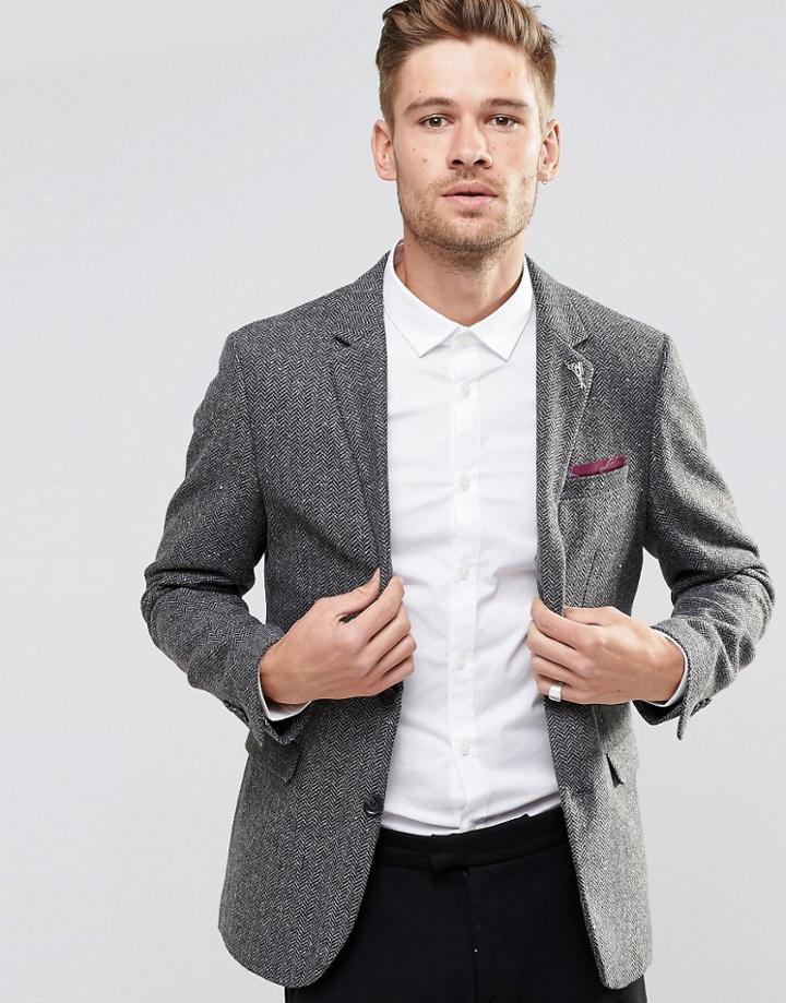 Selected Homme Herringbone Blazer With Fleck In Slim Fit - Gray