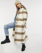 Asos Design Button Through Check Belted Coat In Multi