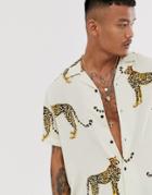Asos Design Relaxed Fit Shirt In Ecru With Cheetah Print - Beige