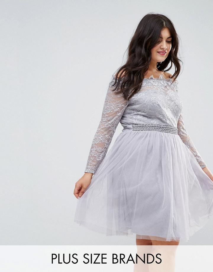 Little Mistress Plus Lace Bardot Skater Dress With Tulle Skirt - Gray