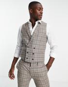 Topman Double Breasted Vest In Brown Plaid