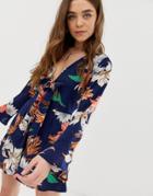 Parisian Knot Front Romper In Tropical Floral Print - Navy