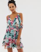 River Island Beach Dress With Cold Shoulder In Floral Print-blue