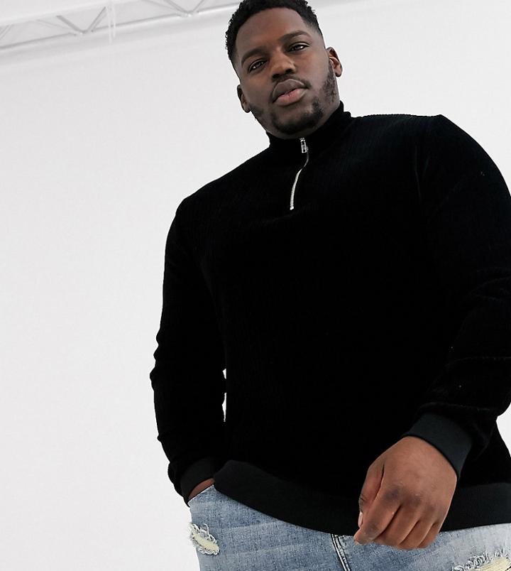 Asos Design Plus Cord Sweatshirt With Half Zip In Black