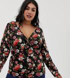 Pink Clove Long Sleeve Wrap Blouse In Rose Floral - Black