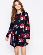 Yumi Long Sleeve Skater Dress In Dark Floral