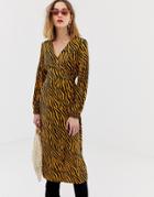 Pieces Zebra Print Wrap Midi Dress-multi