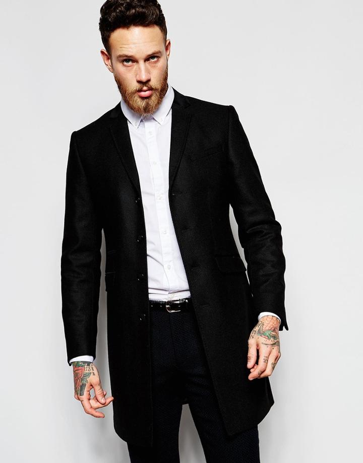 Heart & Daggerwool Herringbone Overcoat With Velvet Back Neck - Black
