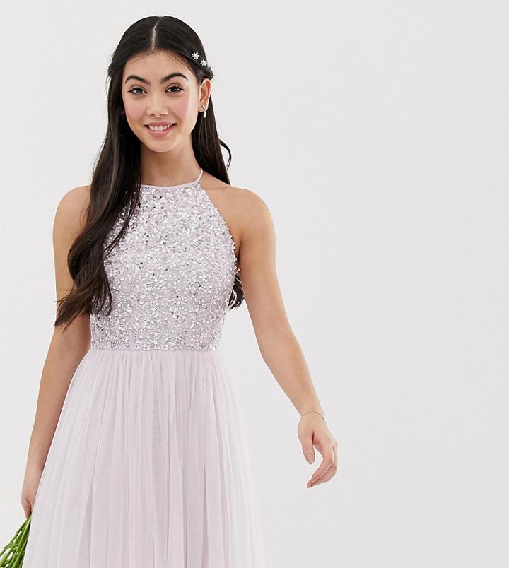 Maya Petite Bridesmaid Halter Neck Mini Tulle Dress With Tonal Delicate Sequins In Soft Lilac - Purple