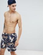 Asos Design Swim Shorts With Tiger And Bird Print In Mid Length - Black