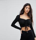 Fashion Union Petite Long Sleeve Crop Top With Ruched Ribbon Tie Front - Black