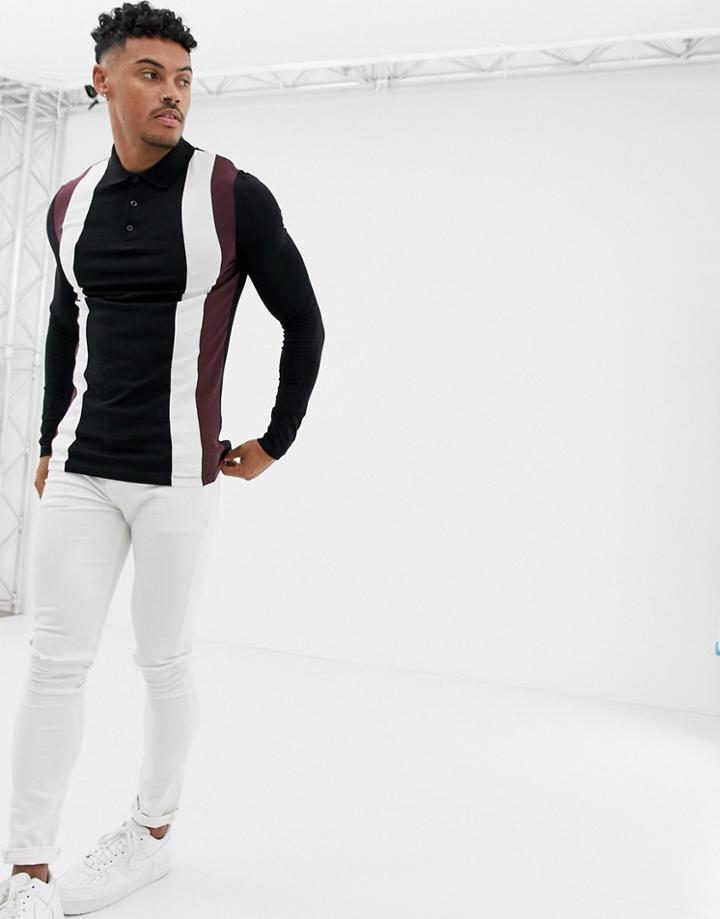 Asos Design Muscle Long Sleeve Polo Shirt With Vertical Color Block In Black - Black