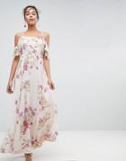 Asos Floral Print Maxi Dress With Ruffle Cold Shoulder - Multi