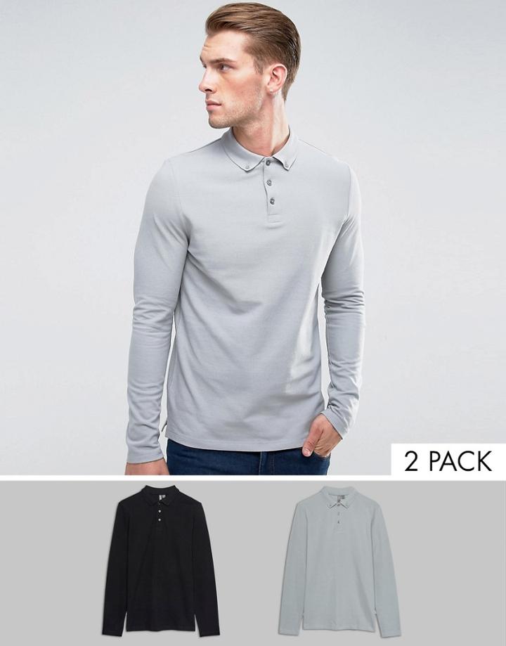 Asos Pique Long Sleeve Polo With Button Down Collar 2 Pack Save - Multi