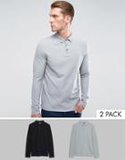 Asos Pique Long Sleeve Polo With Button Down Collar 2 Pack Save - Multi