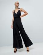 Asos Design Jersey Jumpsuit With Blouson Drape Bodice And Pleated Wide Leg - Black