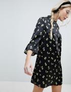Influence Shift Dress With Mandarin Collar Detail In Satin Buttercup Floral - Black