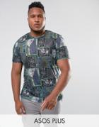 Asos Plus T-shirt In All Over Tile Print And Linen Look - Multi