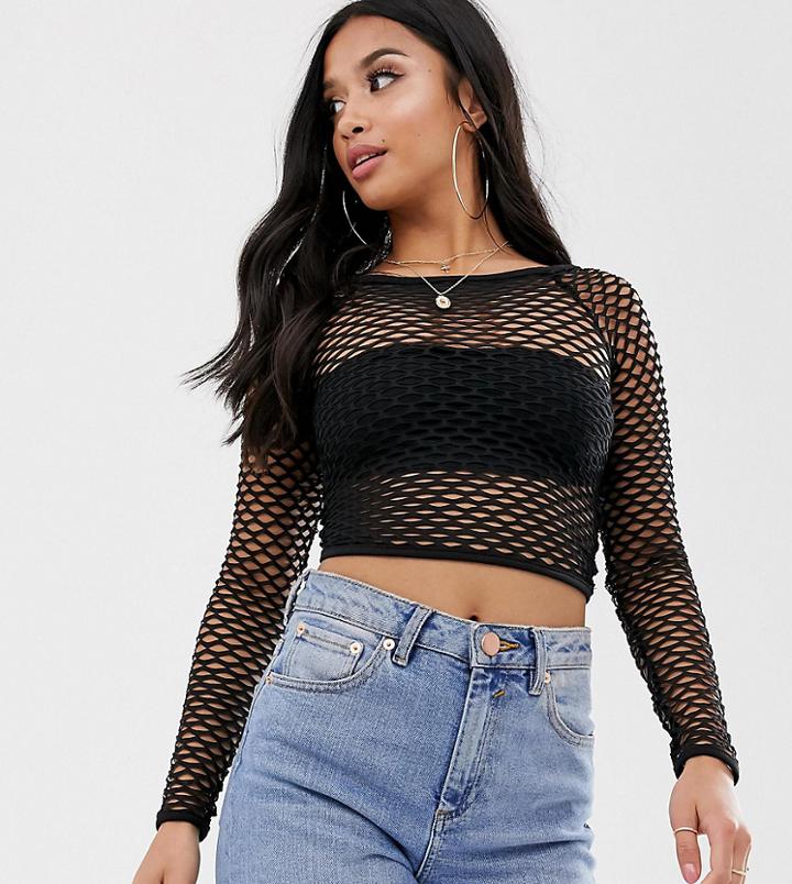 Asos Design Petite Top In Large Fishnet With Bandeau - Black