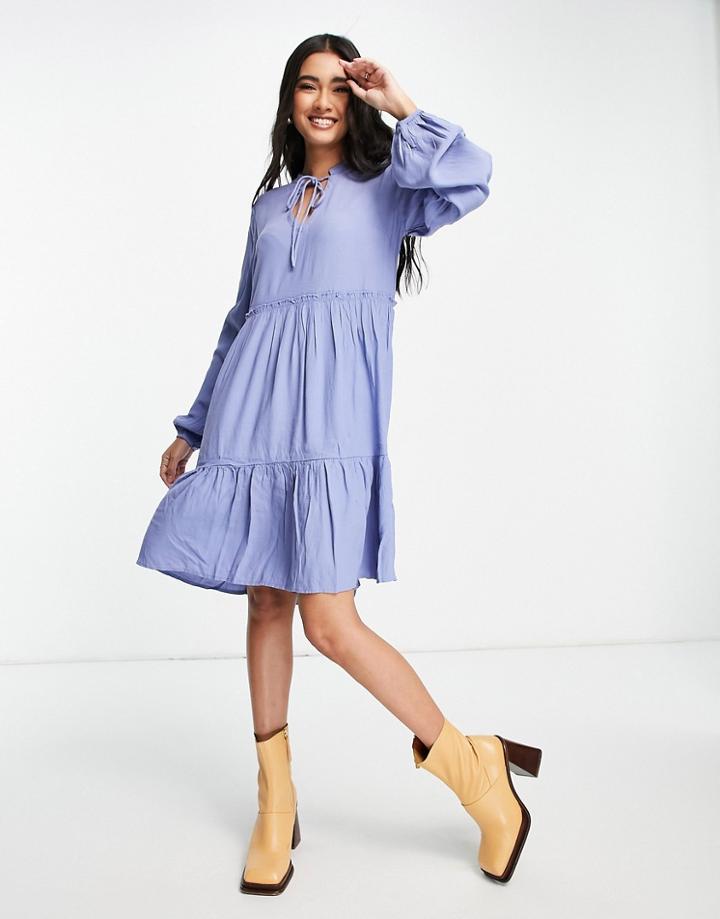 Vila Tie Neck Smock Mini Dress In Blue