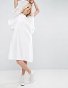 Asos White Frill Sleeve Textured A-line Midi Dress - White