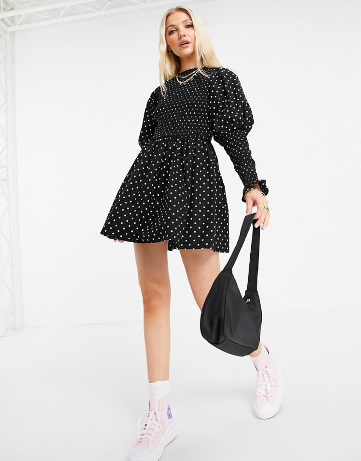 Asos Design Shirred Mini Skate Dress With Shirred Cuffs In Mono Dot Print-multi