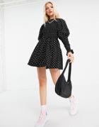 Asos Design Shirred Mini Skate Dress With Shirred Cuffs In Mono Dot Print-multi