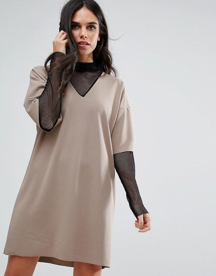 Missguided Brown Fishnet Sleeve Insert Shift Dress - Pink