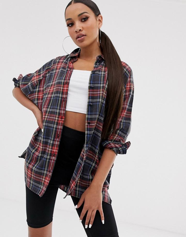 Asos Design Long Sleeve Boyfriend Shirt In Blue Check - Multi