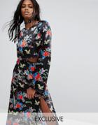 Reclaimed Vintage Inspired Festival Long Sleeve Top In Floral Bird Print - Black