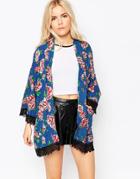 Motel Kimono With Lace Trim In Floral Print - Opium Blue