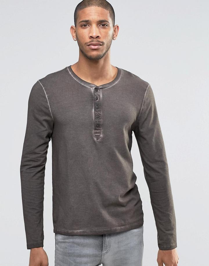 Asos Muscle Long Sleeve T-shirt With Grandad Neck And Pigment Wash - Green