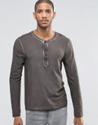 Asos Muscle Long Sleeve T-shirt With Grandad Neck And Pigment Wash - Green