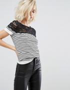 Y.a.s Stella Seamless Superstretch Striped Top With Lace Yoke - Gray