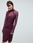 Little Mistress Long Sleeve High Neck Lace Dress - Purple