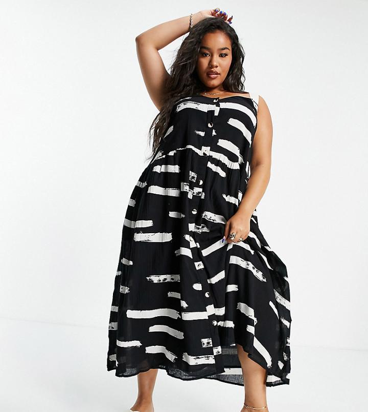Asos Design Curve Button Through Midi Sundress In Abstract Print With Grosgrain Straps-multi