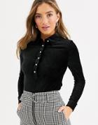 Fashion Union Velvet Long Sleeve Shirt With Pearl Button-black