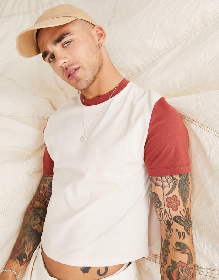 Asos Design Cropped T-shirt In Beige With Contrast Sleeves-neutral