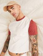 Asos Design Cropped T-shirt In Beige With Contrast Sleeves-neutral