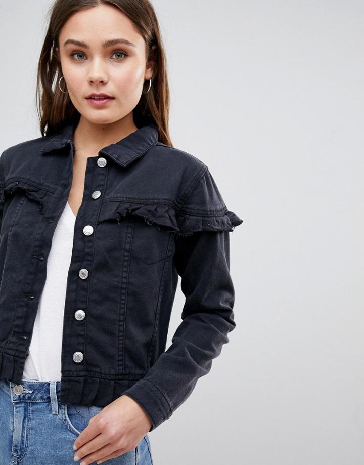 Parisian Denim Jacket With Frill Detail - Black