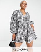 Asos Design Curve Puff Sleeve Smock Romper In Black Gingham-multi